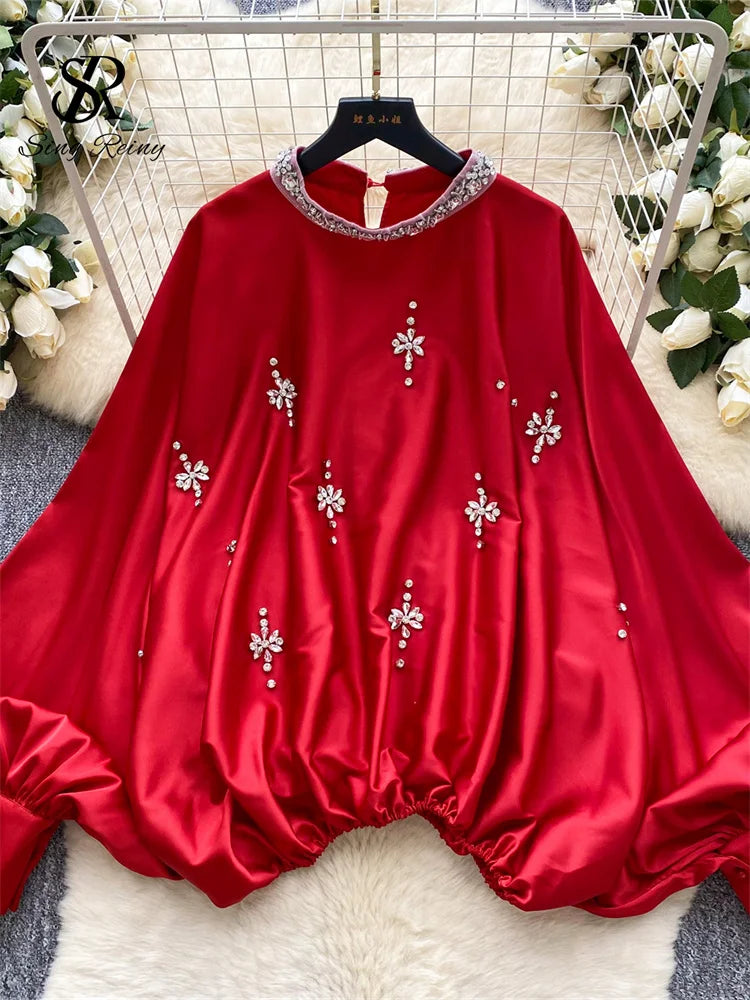 Elegant Beaded Satin Batwing Sleeve Blouse for Women