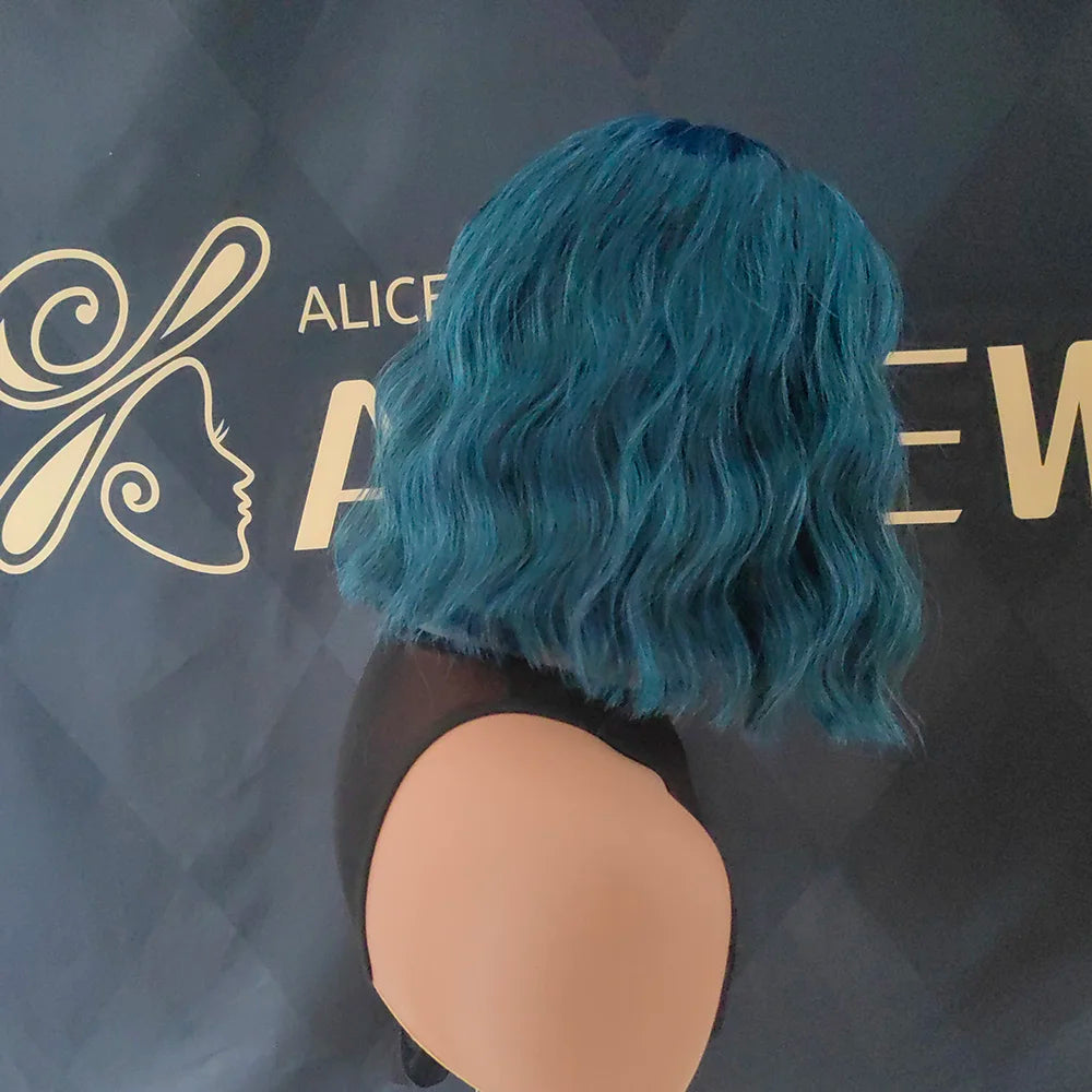 Heat Resistant Blue Body Wave Bob Wig With Bangs For Women