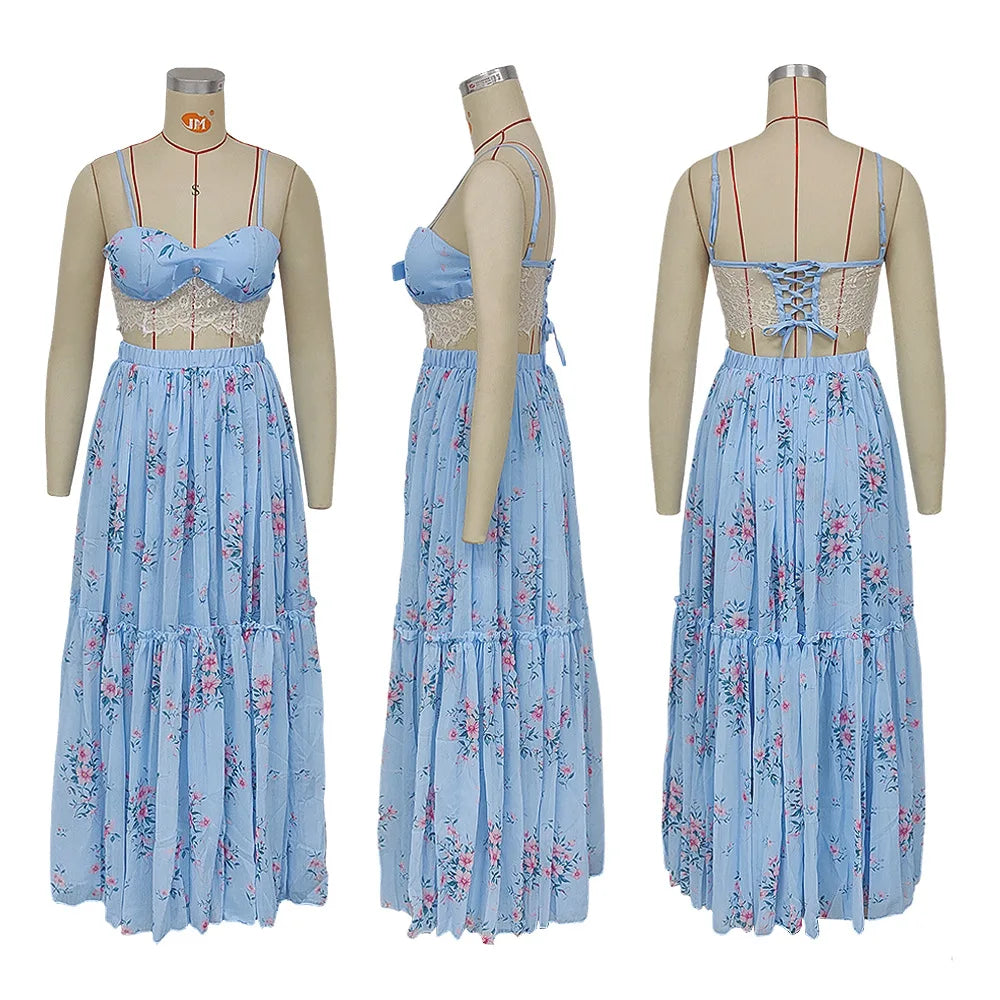 Vacation Style Lace Patchwork Two Piece Set for Women
