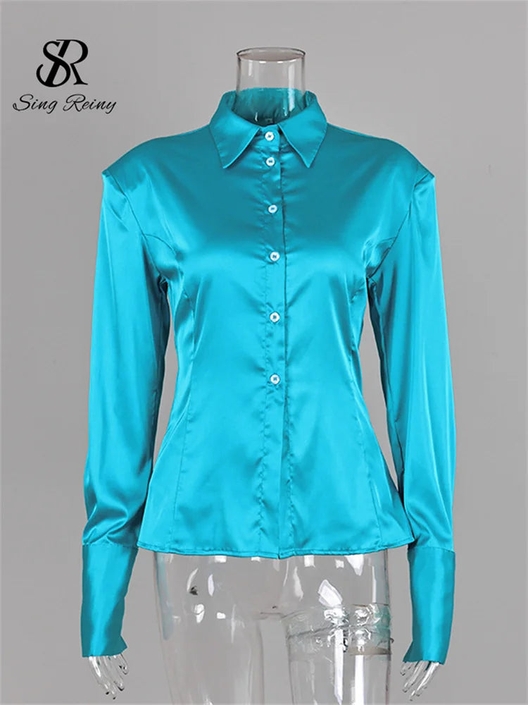 Slim Fit Satin Long Sleeve Button-Up Blouse for Women