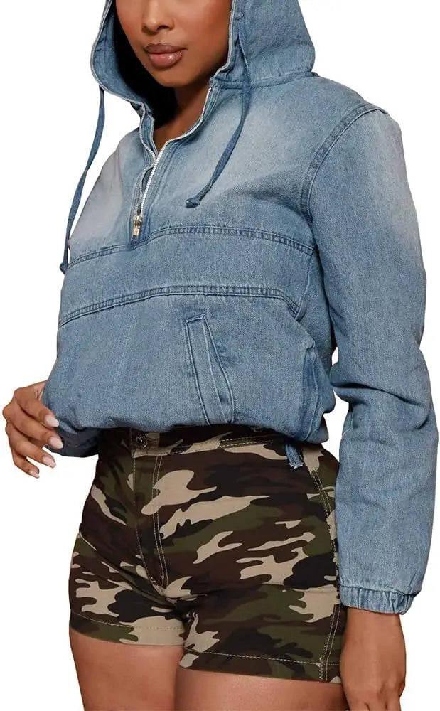 Hooded Denim Pullover Casual Short Jacket for Women