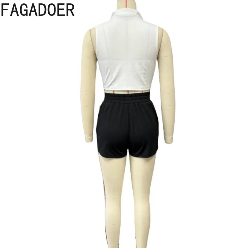 FAGADOER Casual Stripe Patchwork 2 Pieces Set for Woman Sleeveless Zipper Top and Pockets Shorts Outfits Female Sportywear New