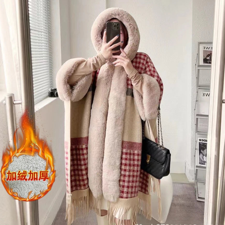 Faux Rabbit Fur Plaid Hooded Poncho Coat for Women