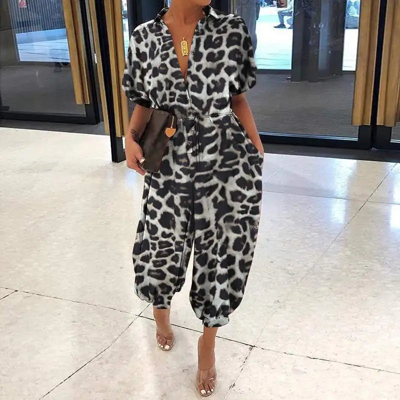 Leopard Print Short Sleeve Lace-Up Pocket Jumpsuit for Women