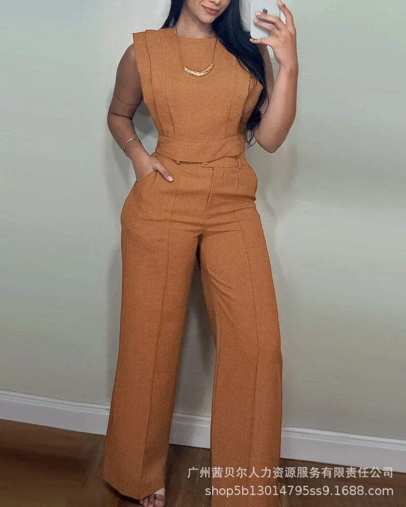 Two Piece Sets Women Pant Set Matching Sets Vest Short Tops High Waist Wide Leg Long Pants Casual Work Elegant Y2k Streetwear