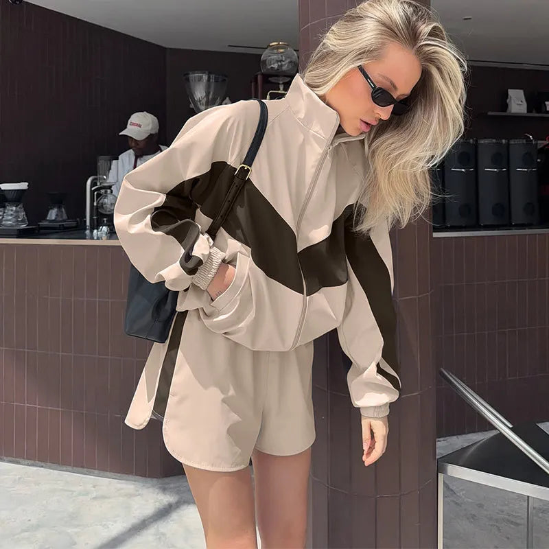 Color Block Zip Jacket and Shorts Tracksuit for Women