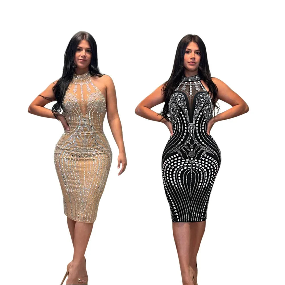 Rhinestone Embellished Sleeveless Bodycon Midi Dress for Women