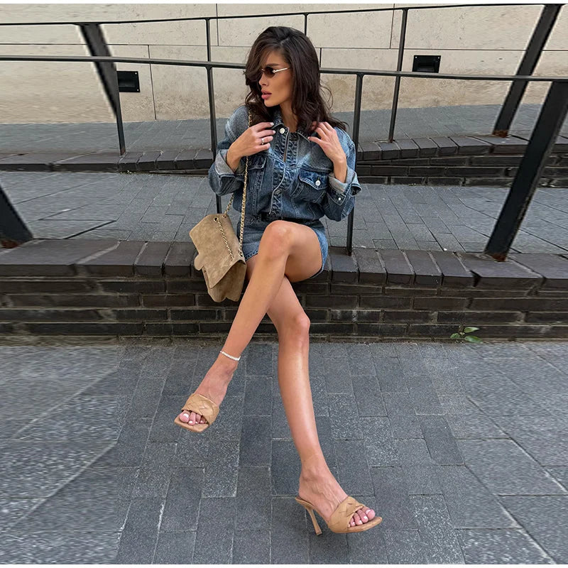 High Waisted Acid Wash Denim Two Piece Set For Women