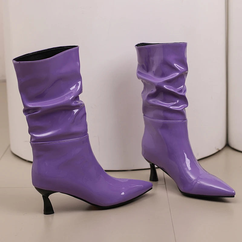 Patent Leather Pointed Toe Mid Calf Slouch Boots for Women