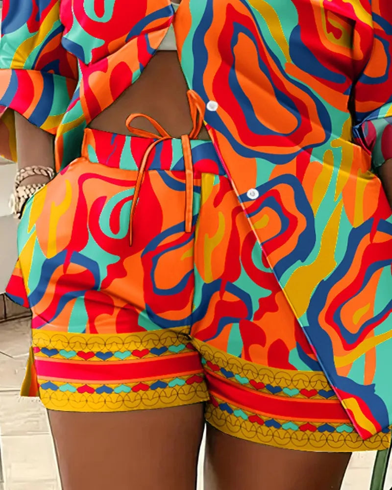 Casual Geometric Print Shirt Shorts Two Piece Set for Women