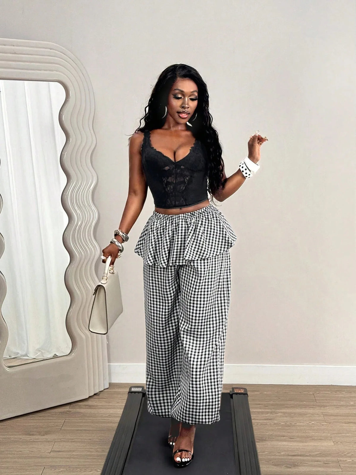 Sleeveless Top and Plaid Ruffle Pants Two Piece Set for Women