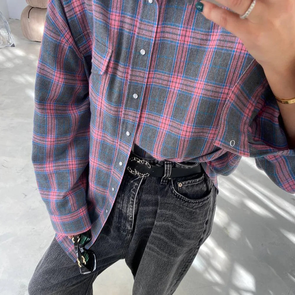 FSMG-Versatile Plaid Shirt For Women, Red Bright Grid, Oversized Blouse, Leisure And Fashionable Top, Spring And Autumn Seasons