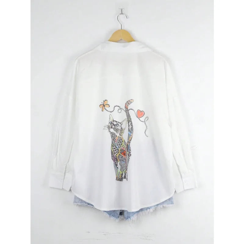 Plus Size Cat Print Single Breasted Blouse for Women