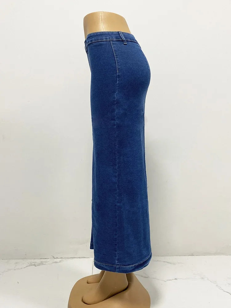 High Waist Retro Button Denim Skirt With Slit for Women