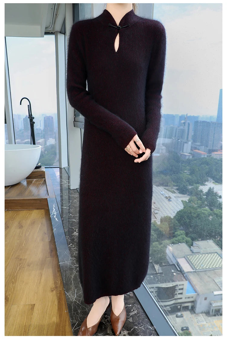 Cashmere Knit Dress with Stand Up Collar and Buckle for Women