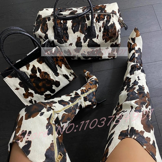 Pointed Toe Animal Print Thigh High Boots For Women