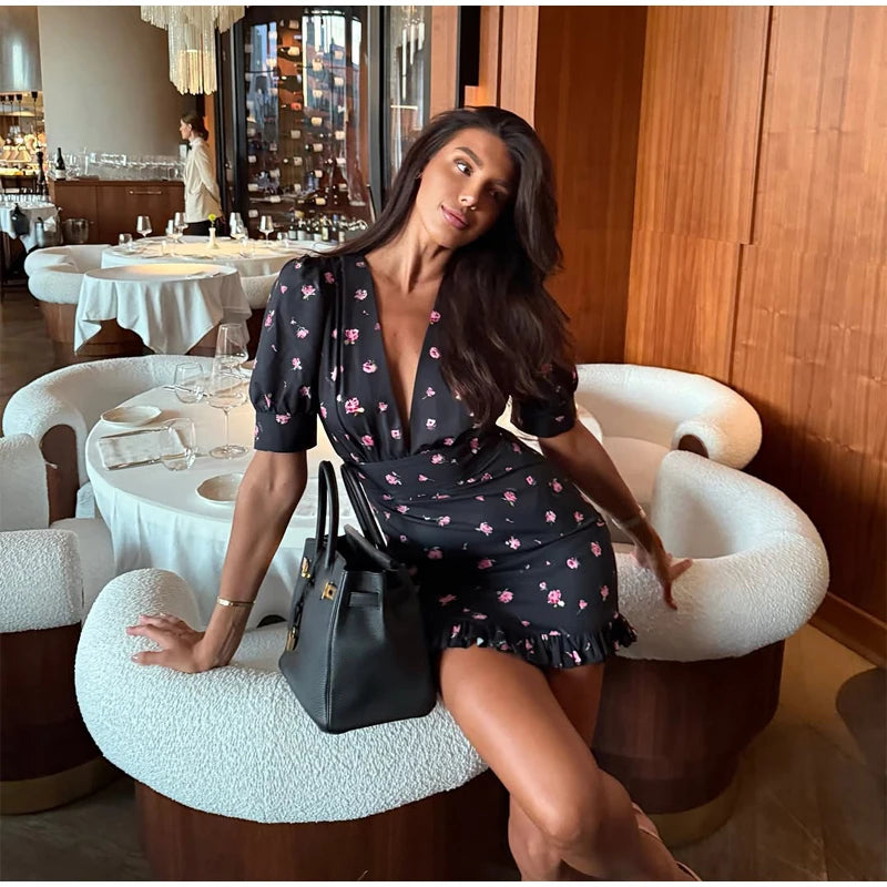 Floral Printed Lace Up Puff Sleeve Mini Dress for Women