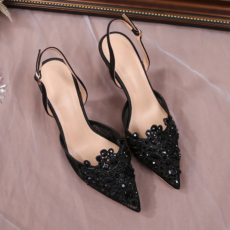 Lace Pearl Beaded Pointed Toe Stiletto Heels for Women