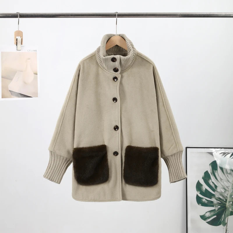 Loose Knit Fur Standup Collar Long Sleeve Pocket Cardigan for Women