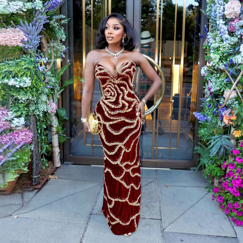 Sweetheart Strapless Deep V Velvet Rhinestone Rose Pattern Maxi Dress for Women