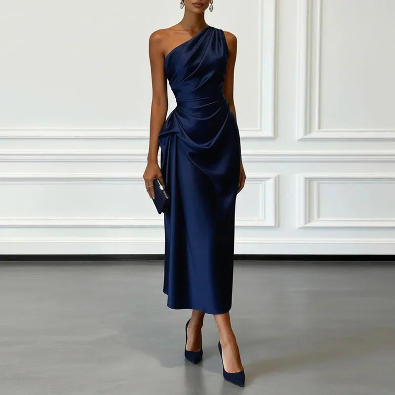 Charming One Shoulder Ruched Waist Satin Midi Dress For Women