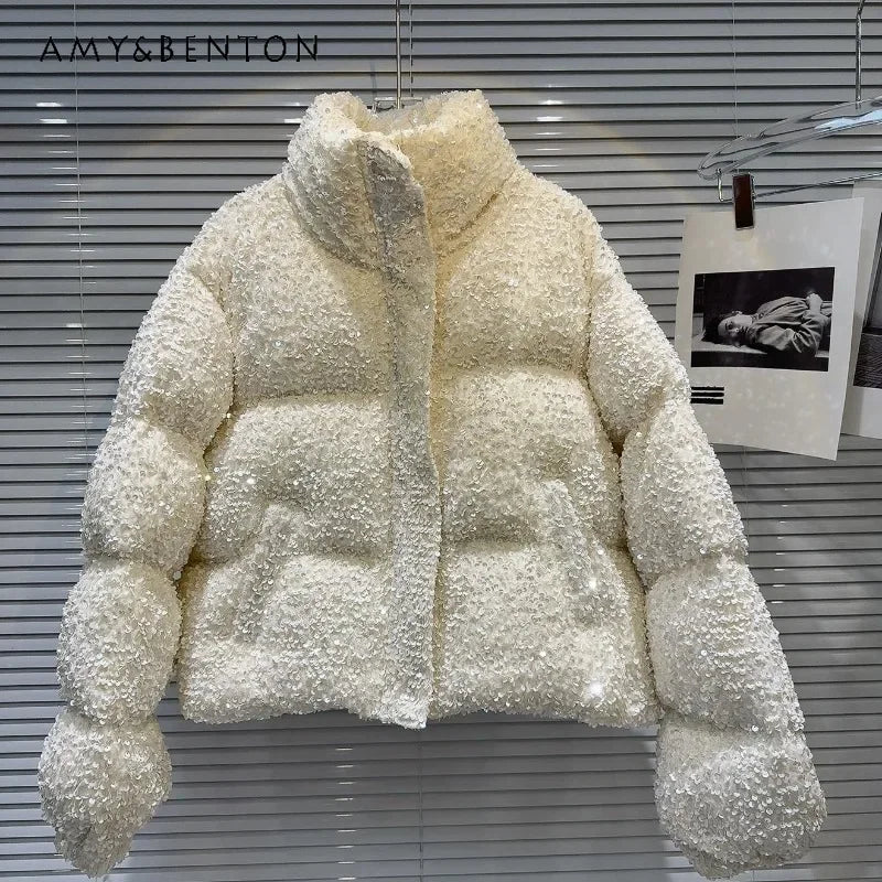 2025 Winter New Sweet And Cool Hot Girls Sparkling Beads Heavy Industry Warm Bread Jacket Down Coat Women's Solid Color Parkas