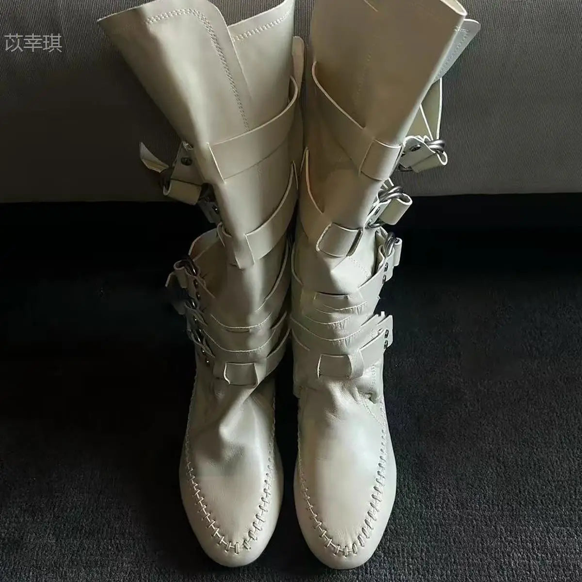 Flat Bottom Real Leather Mid Calf Boots With Metal Buckle For Women