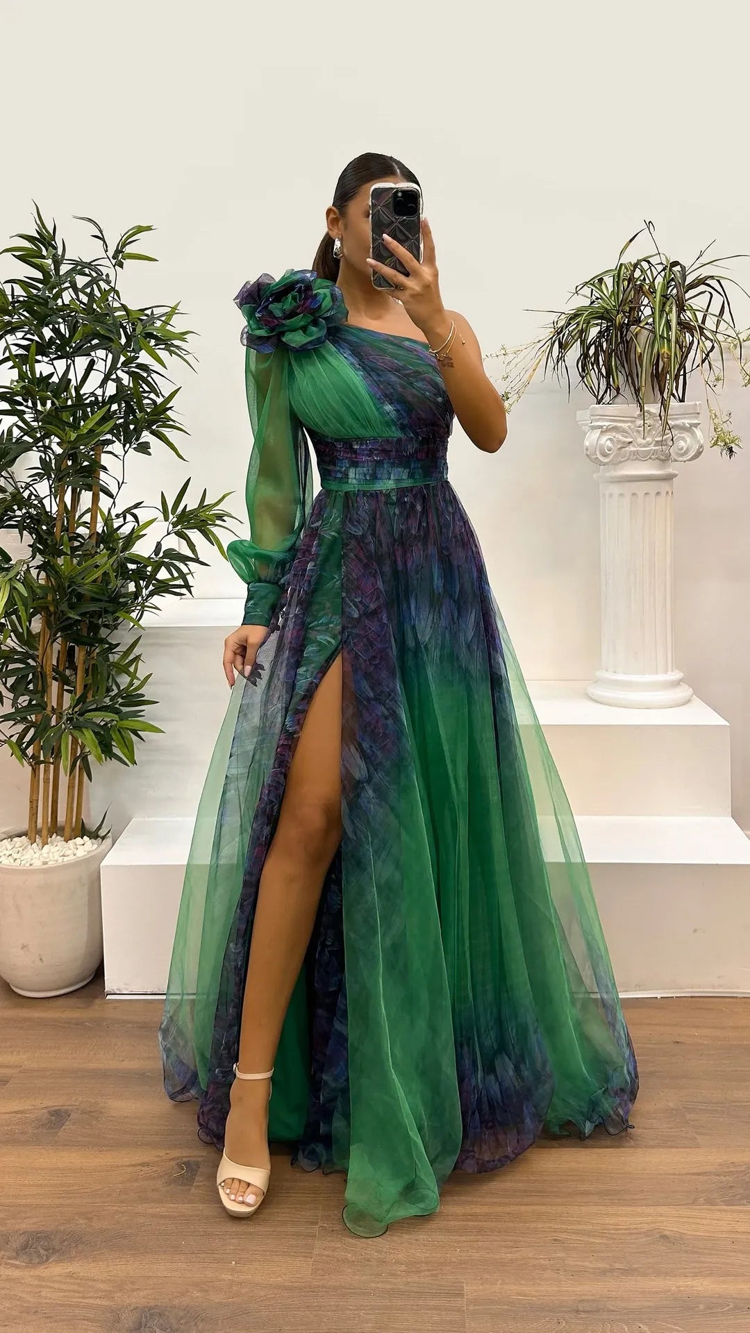 New One Shoulder Sleeve Pleats Bridesmaid Dress Vintage Pattern Printed High Waist Long Dress Sexy Asymmetric Mesh Evening Dress