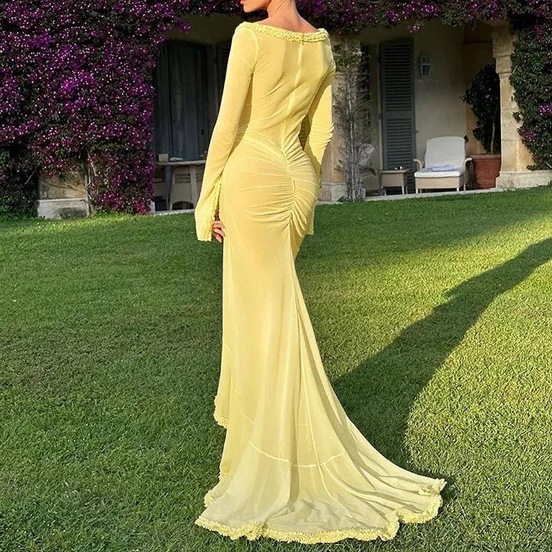 Beach Vacation Sexy Mesh Sheer Ruffled Dress for Women