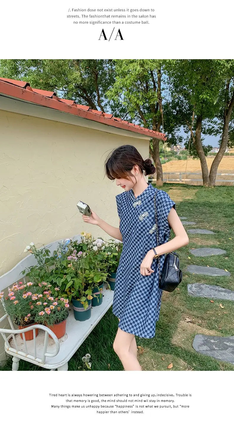 Checkered Ethnic Style Summer Lightweight A Line Dress for Women