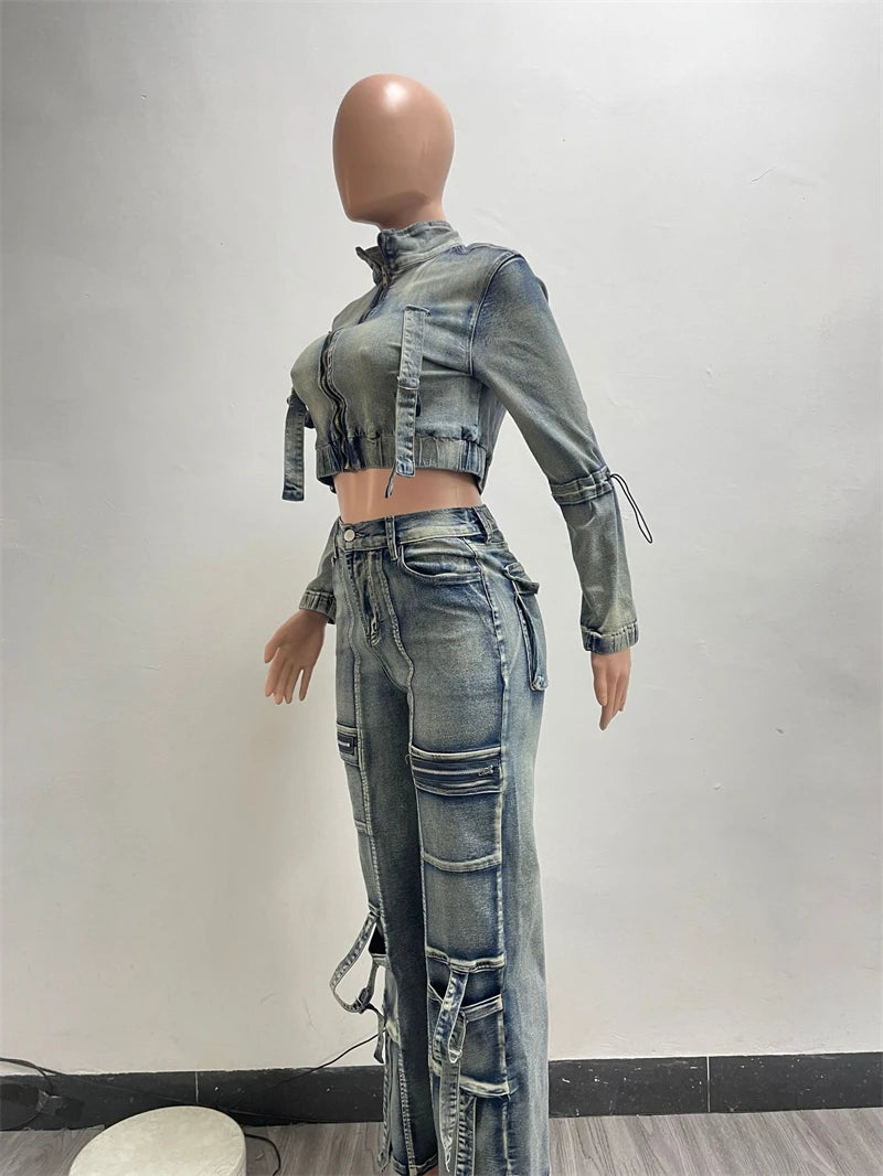 Streetwear Denim Crop Top And Cargo Pants Set for Women