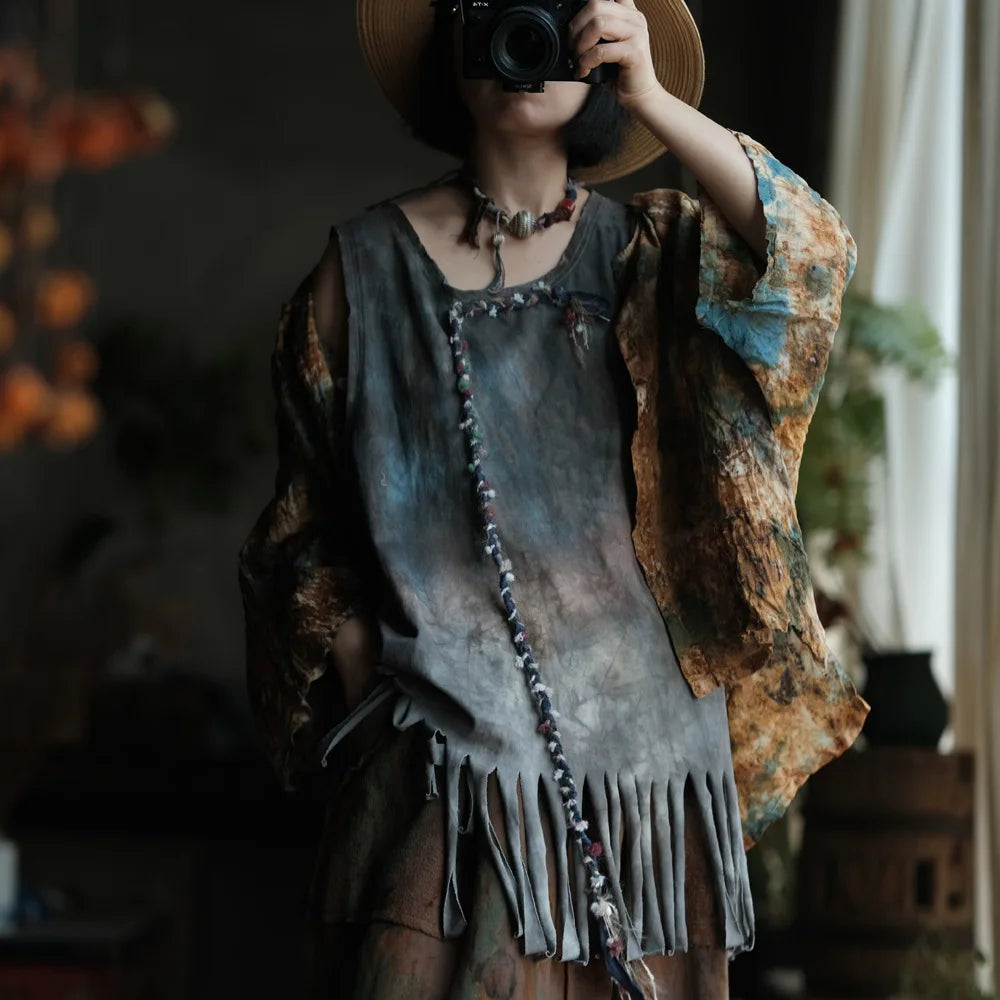 Casual Loose Fit Print Tassels Tank Top Cotton for Women