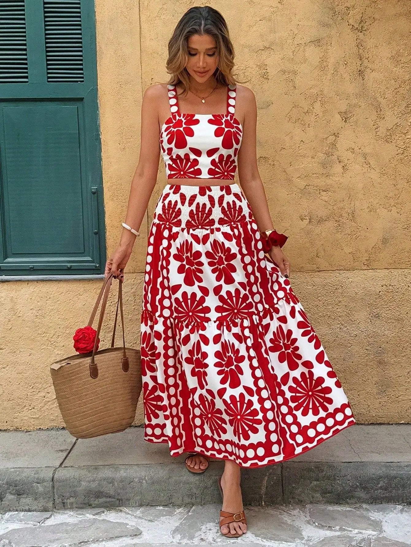 Boho Backless Vintage Print Cami Top And Maxi Skirt Set for Women