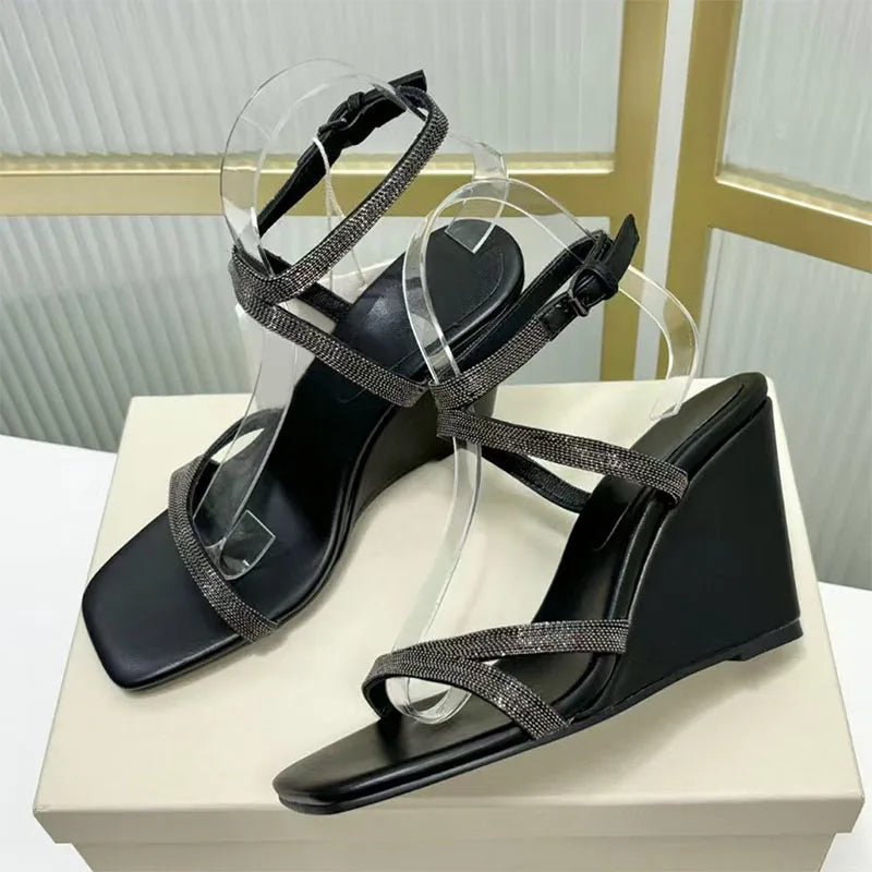 Square Toe Suede Wedge Sandals With Beaded Straps For Women