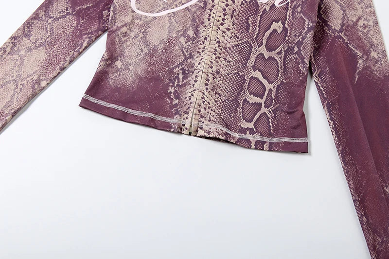 Snake Print Zip Jacket and Pants Two Piece Set for Women