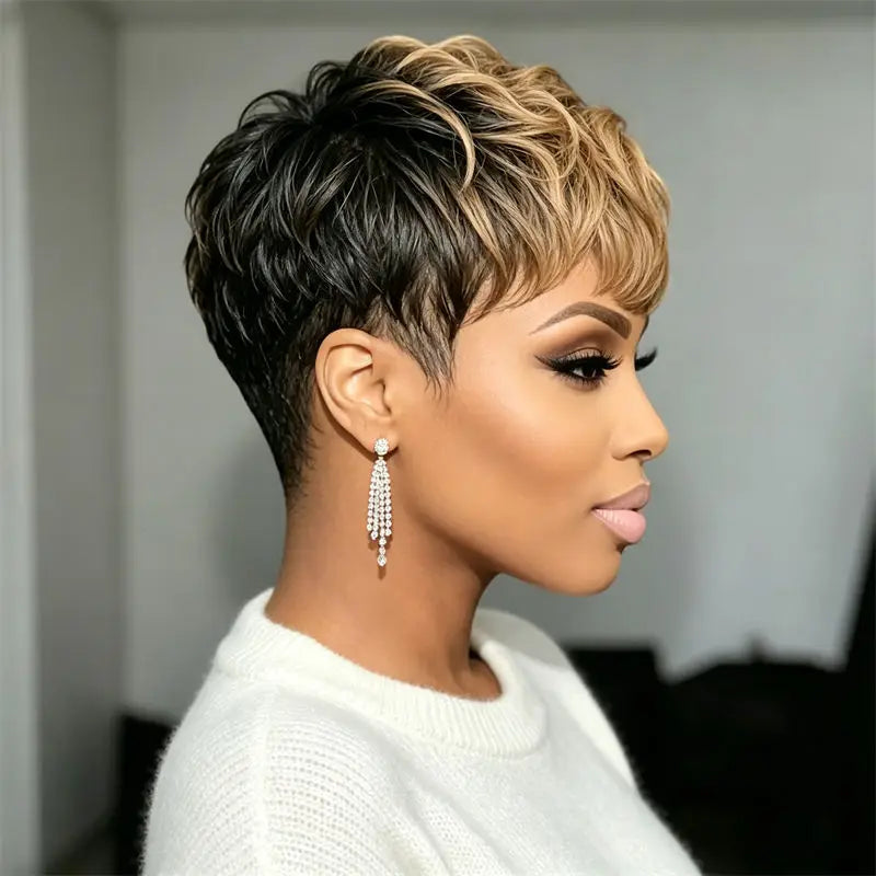 Curly Layered Ombre Short Pixie Cut Human Hair Wig for Women