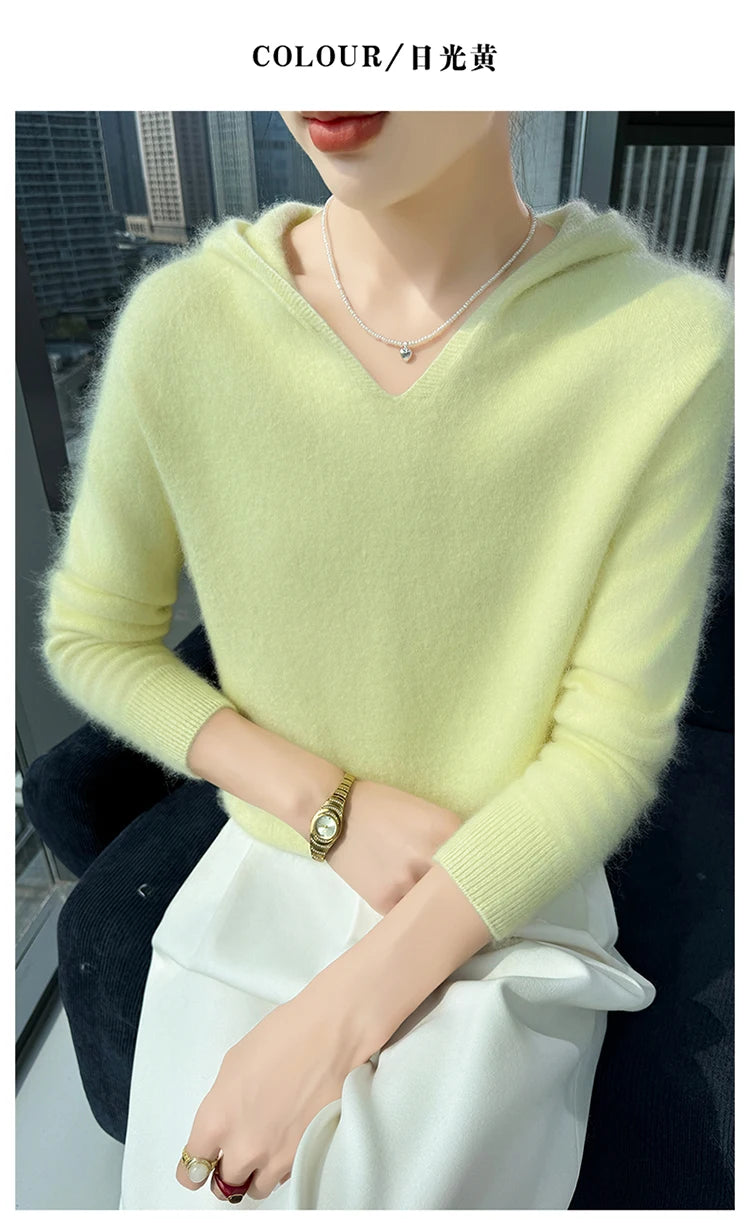 Loose Fit Thick Knit Hooded V-Neck Sweater for Women