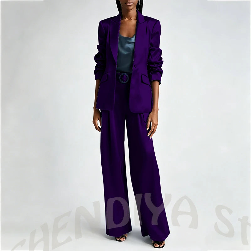Women's Two Pieces Set Satin Peaked Lapel Elegant Fashion Single Button Straight Professional Tailor-Made Jacket with Pants