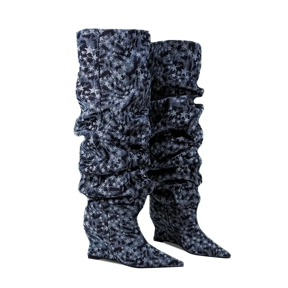 Pointed Toe Denim Over-The-Knee With Wedge Boots for Women