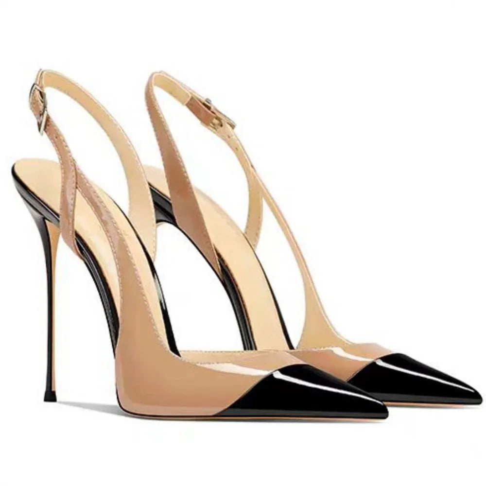 Patent Leather Pointed Toe Pumps With Rhinestone Ankle Strap for Women
