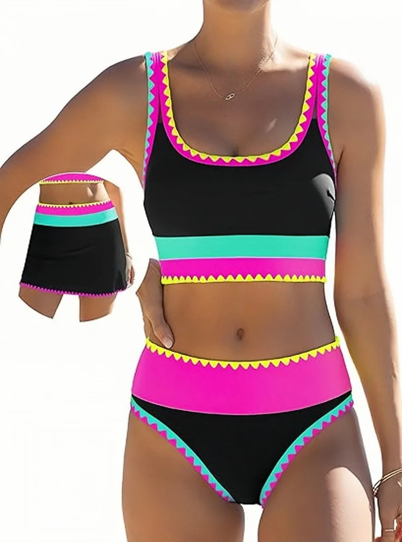 Women's Bikinis And Tankinis High Waist Color-blocked Zigzag Swimsuit 2026 Three Piece Cover-ups Bikini Beach Vacation Swimwear