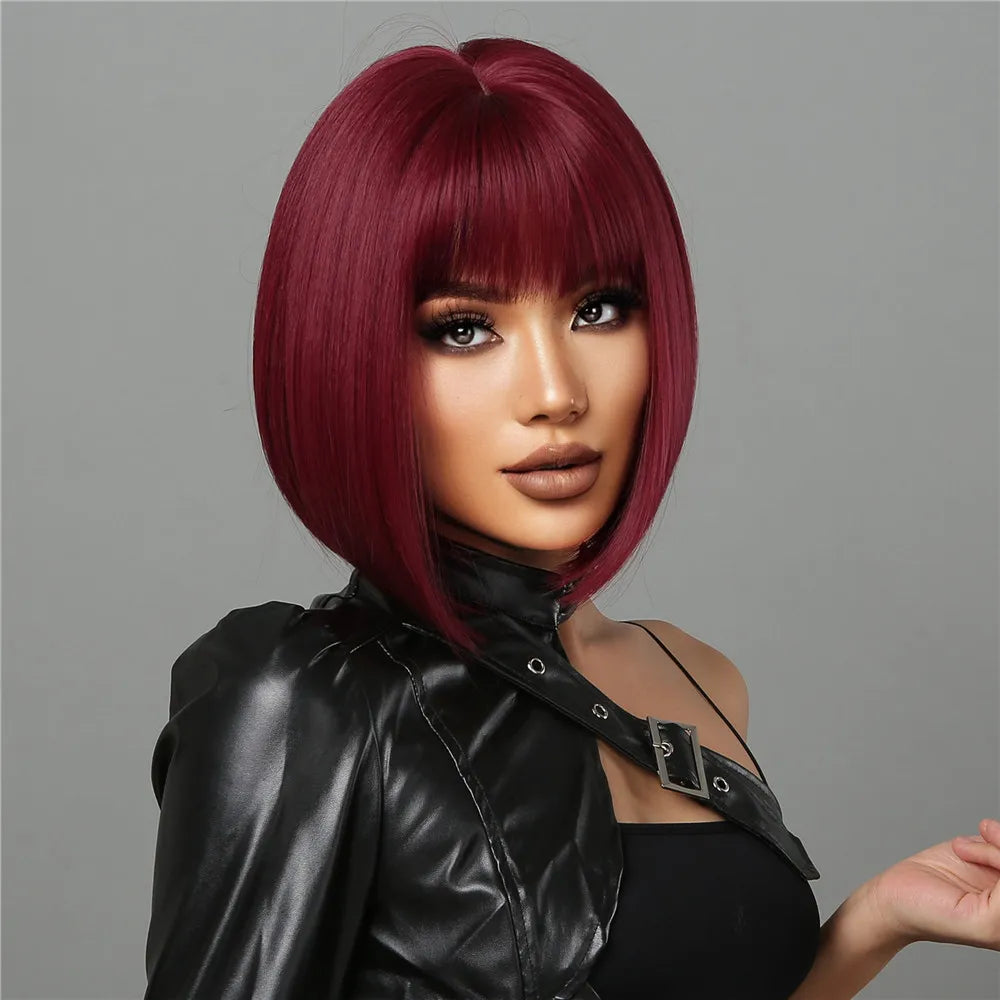 Heat Resistant Wine Red Bob Wig With Thick Bangs for Women