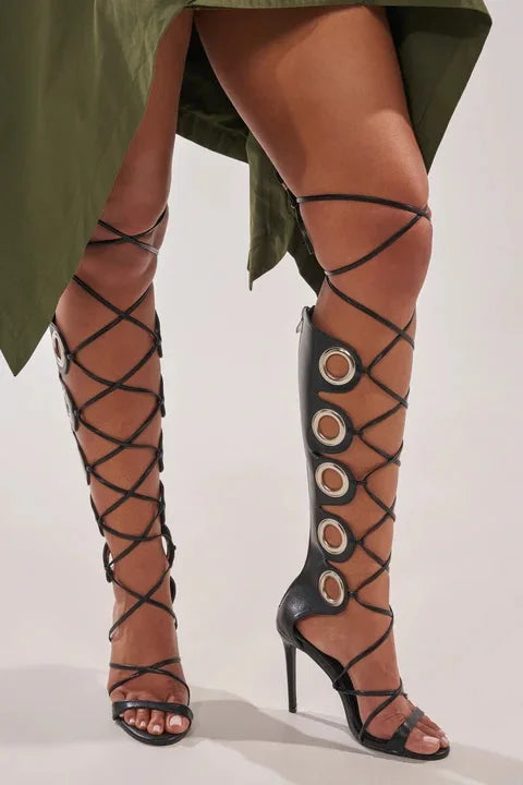 Versatile Casual High Heel Lace-Up Sandals with Circle Ring Decor Toe for Women