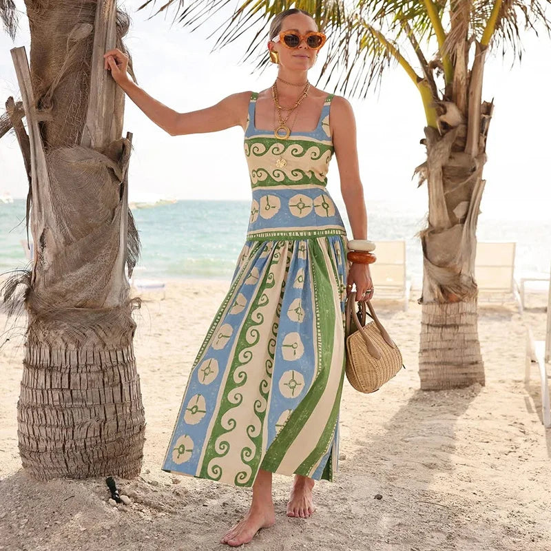 Printed Sleeveless Backless V Neck Midi Dress for Women