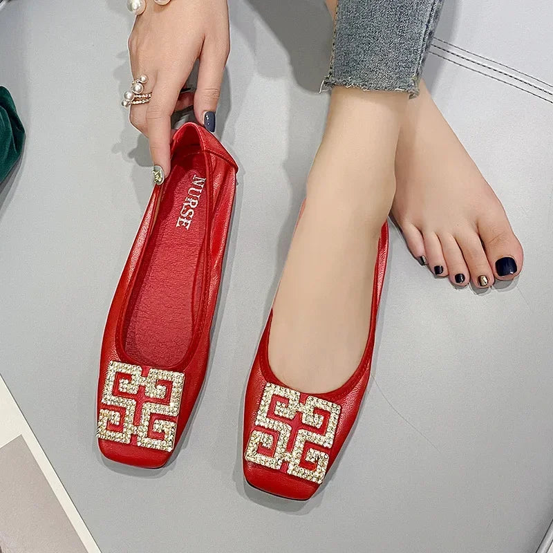 Rhinestone Buckle Square Toe Slip On Flats for Women