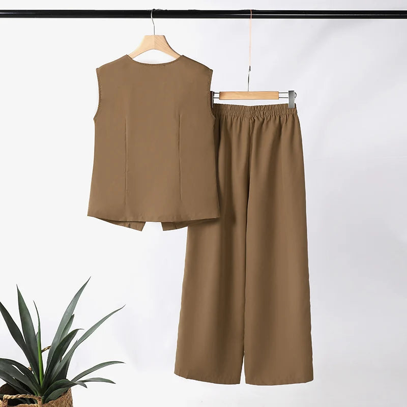ZANZEA Women 2pcs Matching Sets Fashion Sleeveless Waistcoat Suits Office Lady Wide Leg Pants Casual Loose Solid Retro Outfits