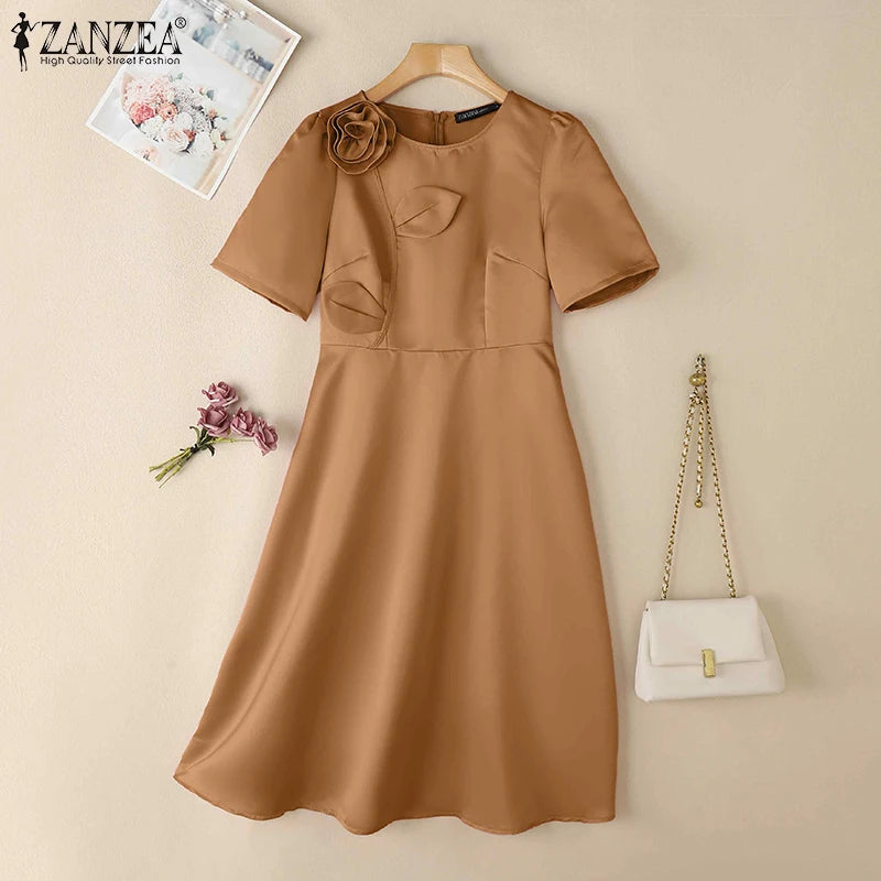 Satin Floral Applique Midi Dress