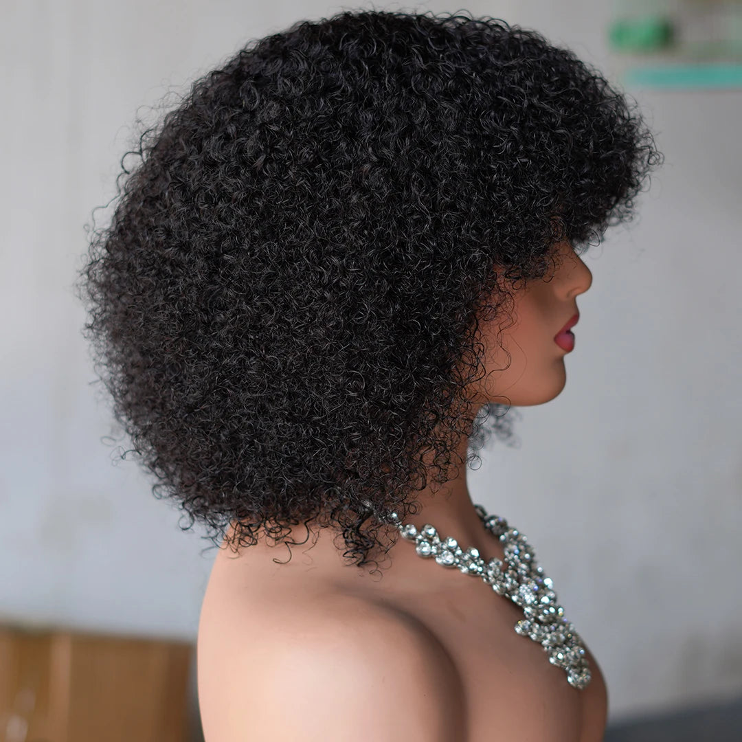 Short Kinky Curly Human Hair Wig With Bangs For Women
