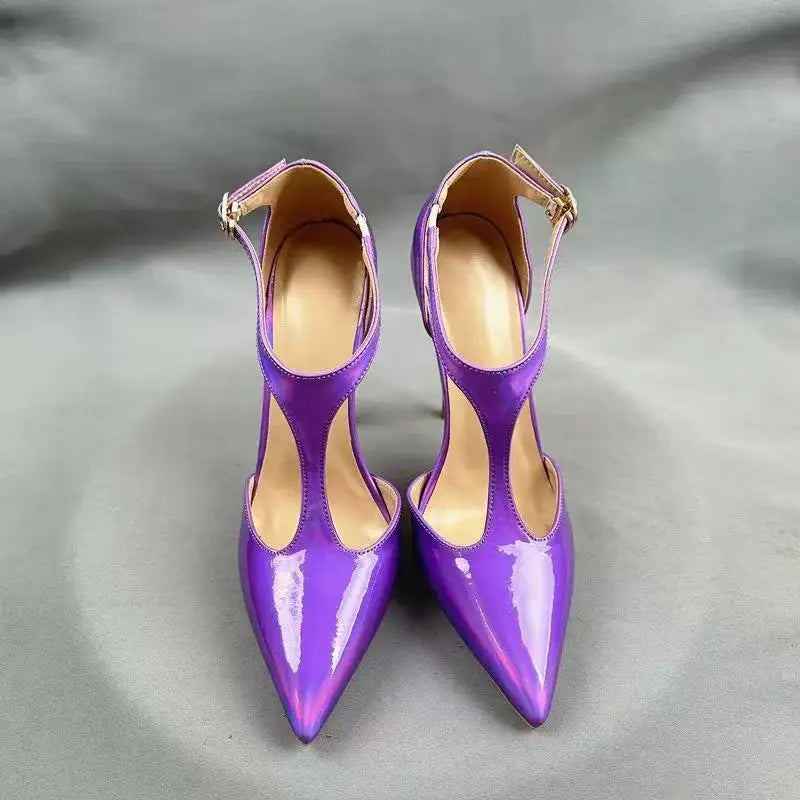 Gradient Purple T Strap Pointed Toe High Heel Pumps for Women