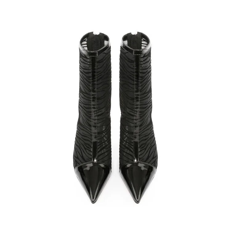 Elegant Black Mesh Stiletto Ankle Boots With Pointy Toe Rear Zipper For Women